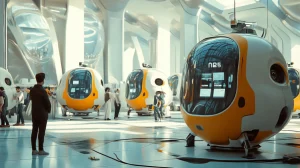 futuristic pods in an open hall
